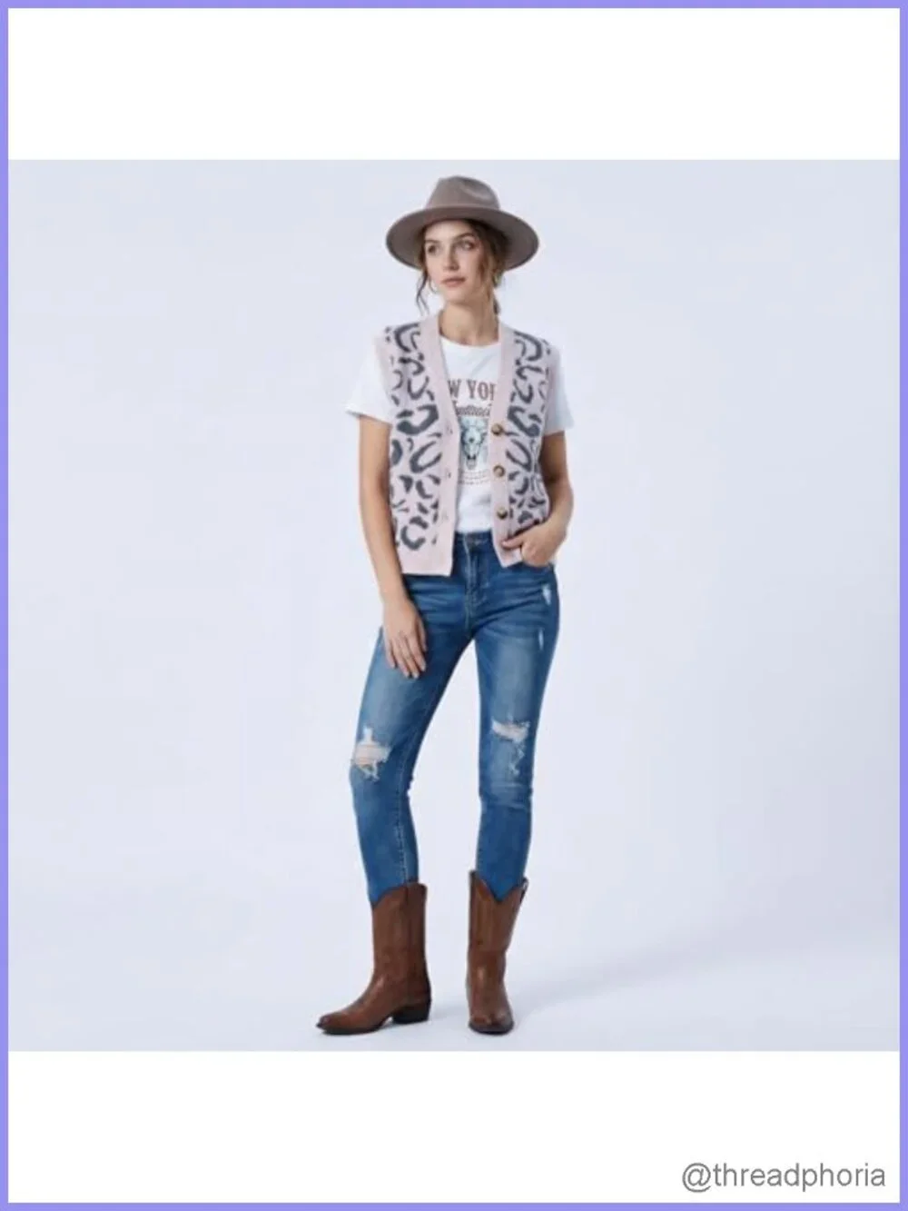 Women's Button Down Sweater Vest V-Neck Sleeveless Leopard Print Knit